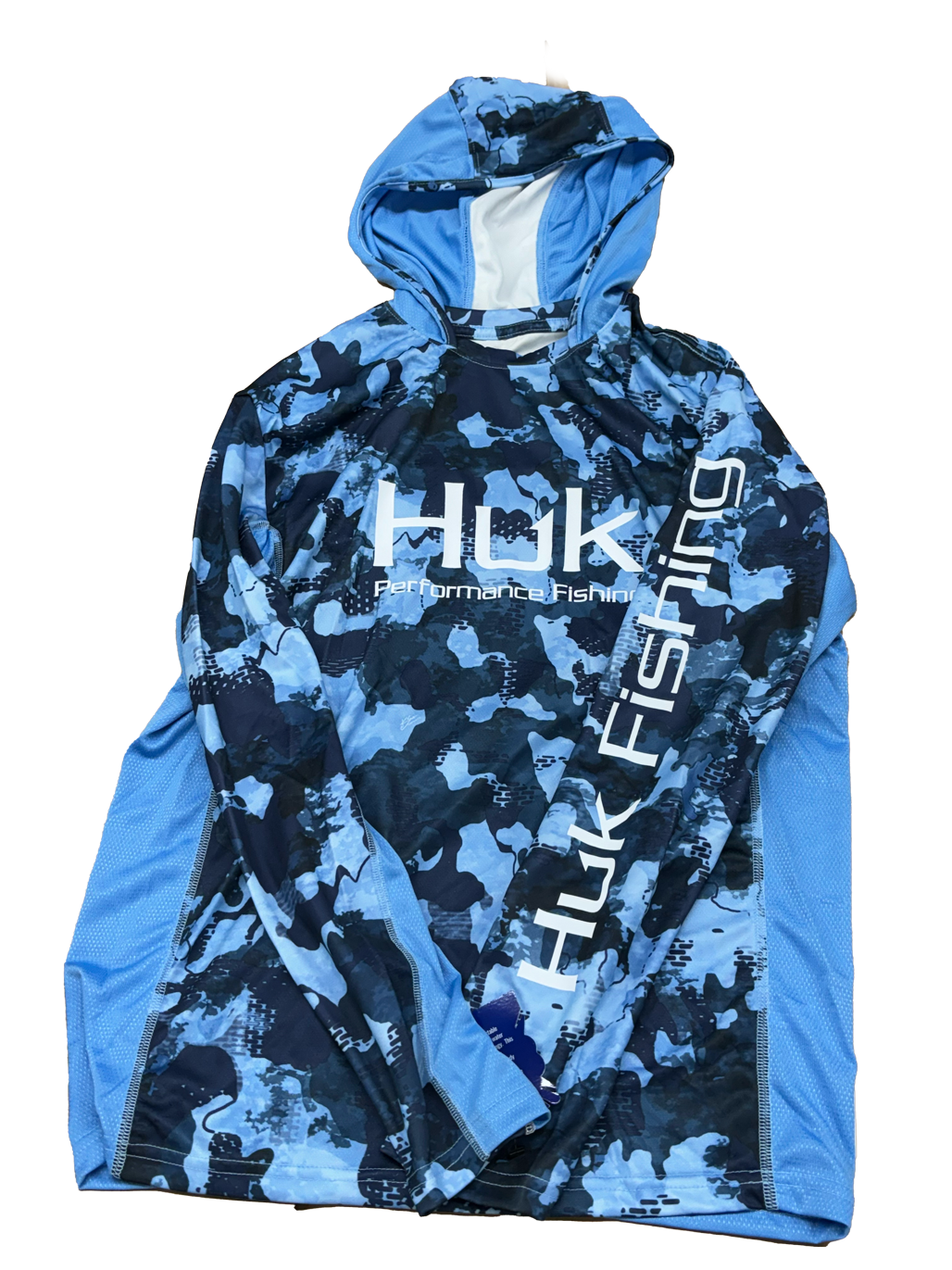 Huk Performance Fishing Camo Hooded Long Sleeve Blue Black Sun Shirt Mens
