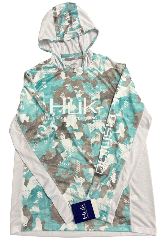 Huk Performance Fishing Camo con capucha de manga larga verde azulado y blanco #144273 Sun Shirt para hombre
