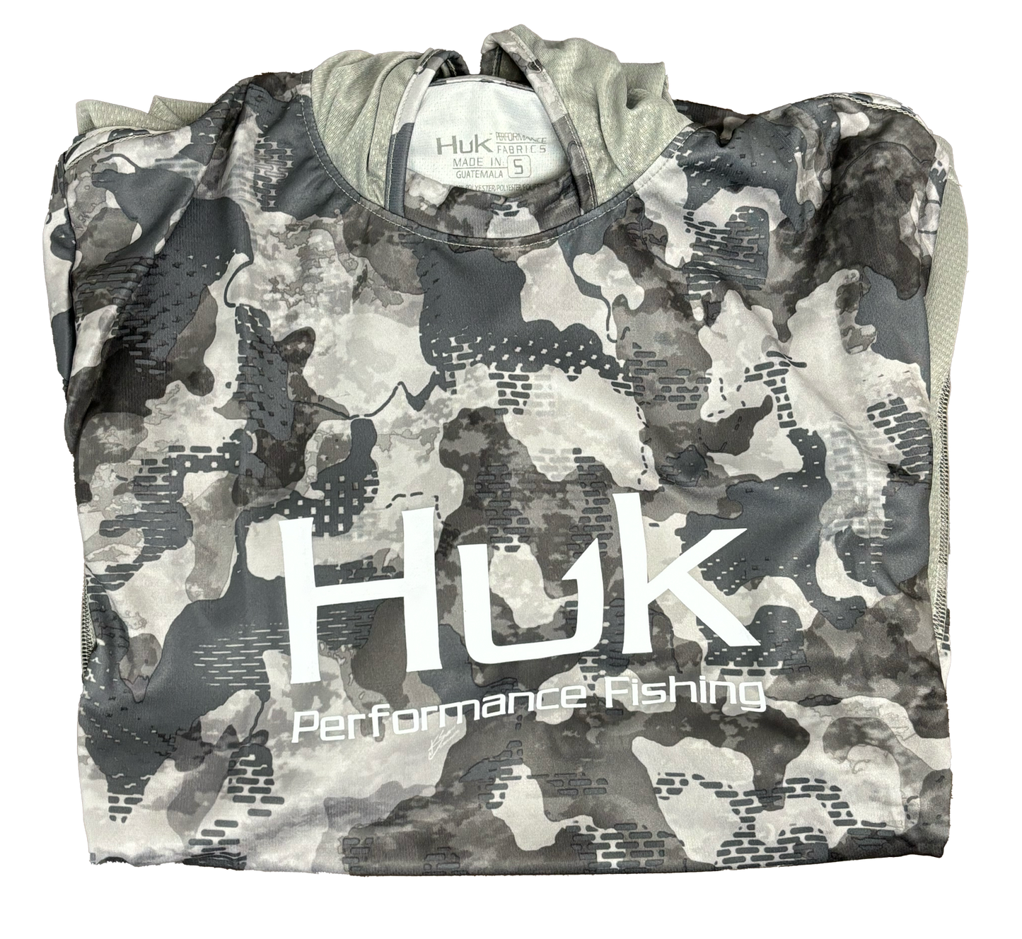 Huk Performance Fishing Camo con capucha de manga larga gris #144273 Sun Shirt para hombre