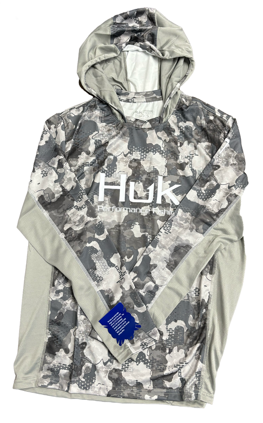 Huk Performance Fishing Camo con capucha de manga larga gris #144273 Sun Shirt para hombre