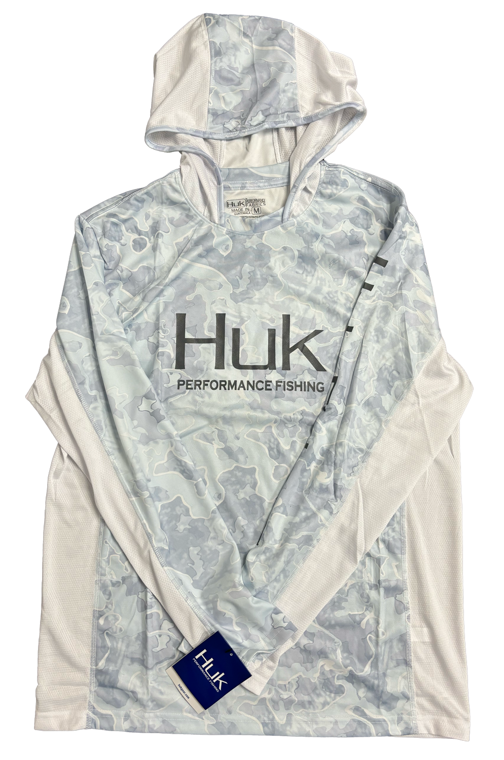 Huk Performance Fishing Camo Hooded Long Sleeve White and Light Blue #144273 Sun Shirt Mens