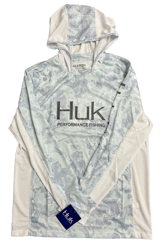 Huk Performance Fishing Camo con capucha de manga larga blanco y azul claro #144273 Camisa para el sol para hombre
