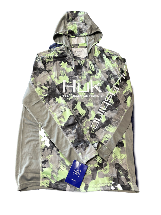 Huk Performance Fishing Camo Hooded Long Sleeve Green Gray #144273 Sun Shirt Mens