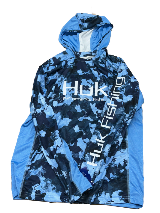 Huk Performance Fishing Camo con capucha de manga larga azul negro #144273 Sun Shirt para hombre
