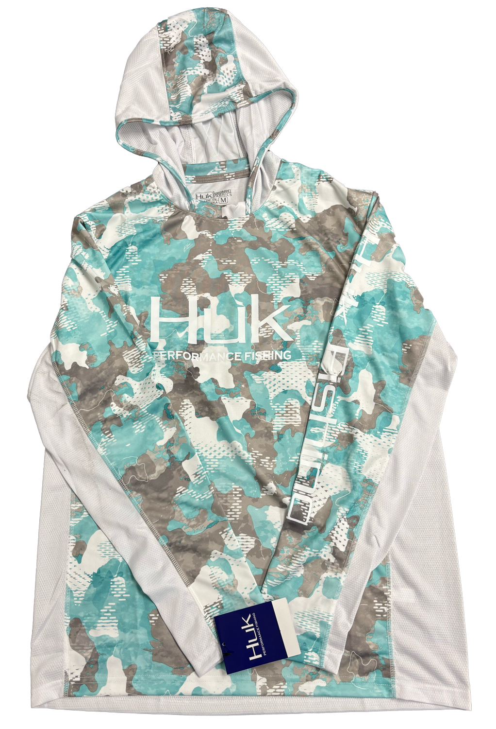 Huk Performance Fishing Camo Hooded Long Sleeve Teal and White #144273 Sun Shirt Mens