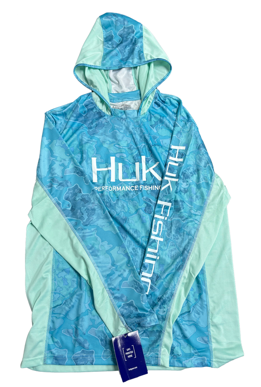 Huk Performance Fishing Camo con capucha de manga larga Seafoam #144273 Sun Shirt para hombre