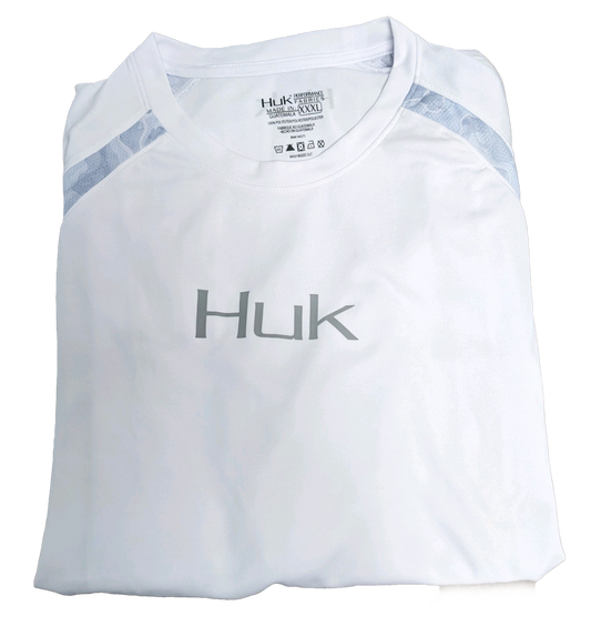 Huk Performance Fishing Camo manga larga blanco con azul helado #144273 camisa de sol para hombre