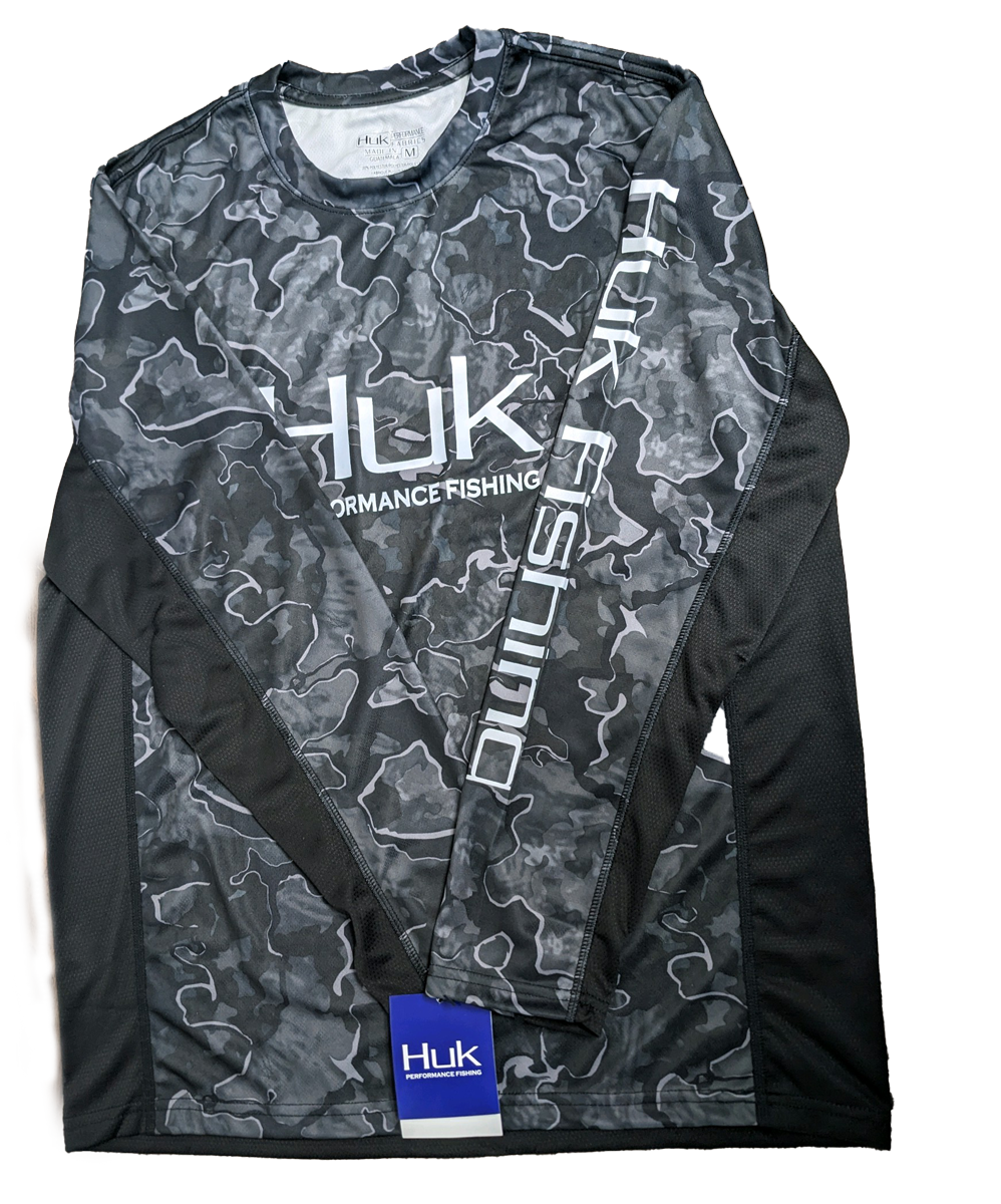 Huk Performance Fishing Black Camo Long Sleeve #144273 Sun Shirt Mens