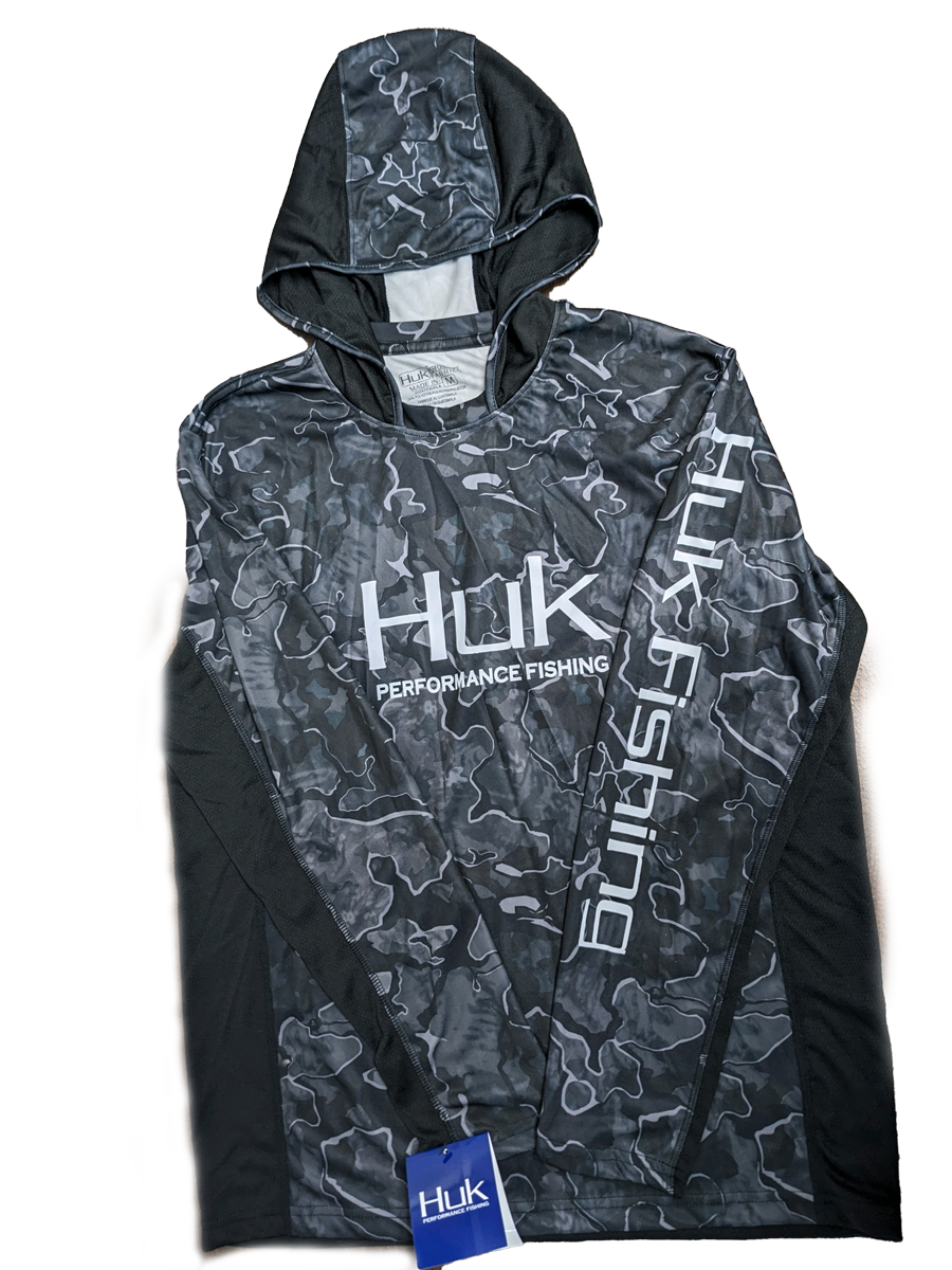 Huk Performance Fishing con capucha negro camuflaje manga larga #144273 Sun Shirt para hombre