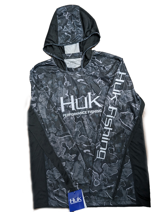 Huk Performance Fishing Hooded Black Camo Long Sleeve #144273 Sun Shirt Mens