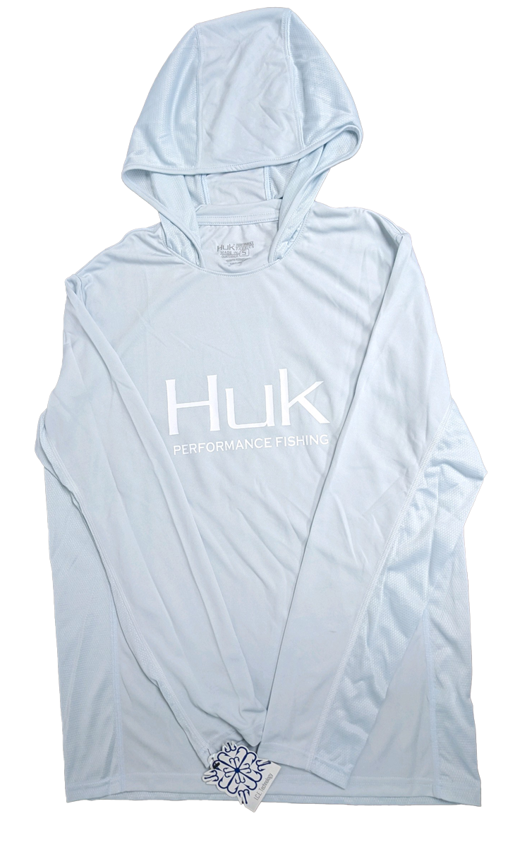 Huk Performance Fishing Camo con capucha de manga larga Icy Blue #144273 Sun Shirt para hombre