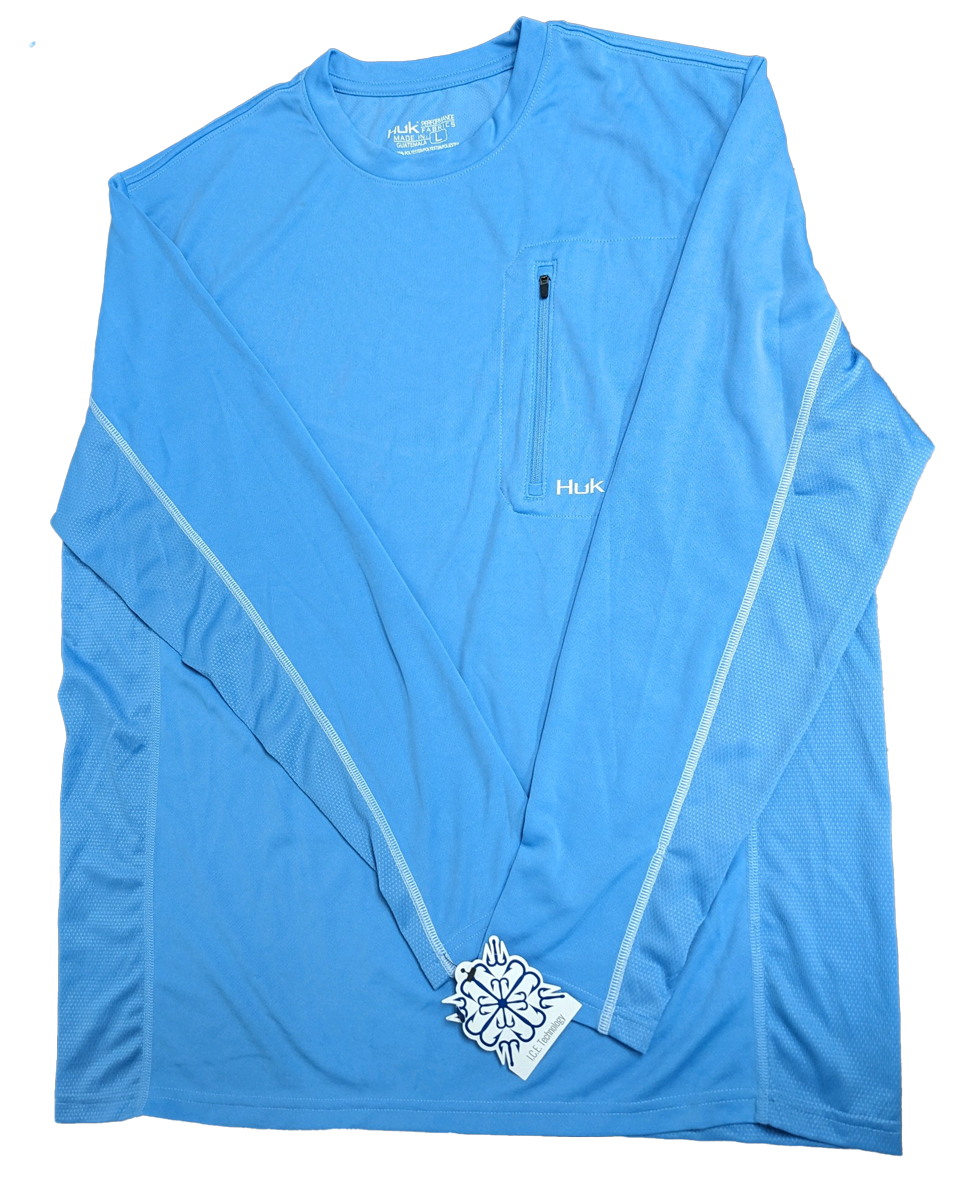 Huk Performance Fishing Azul cielo Bolsillo con cremallera Manga larga #144273 Camisa para el sol para hombre