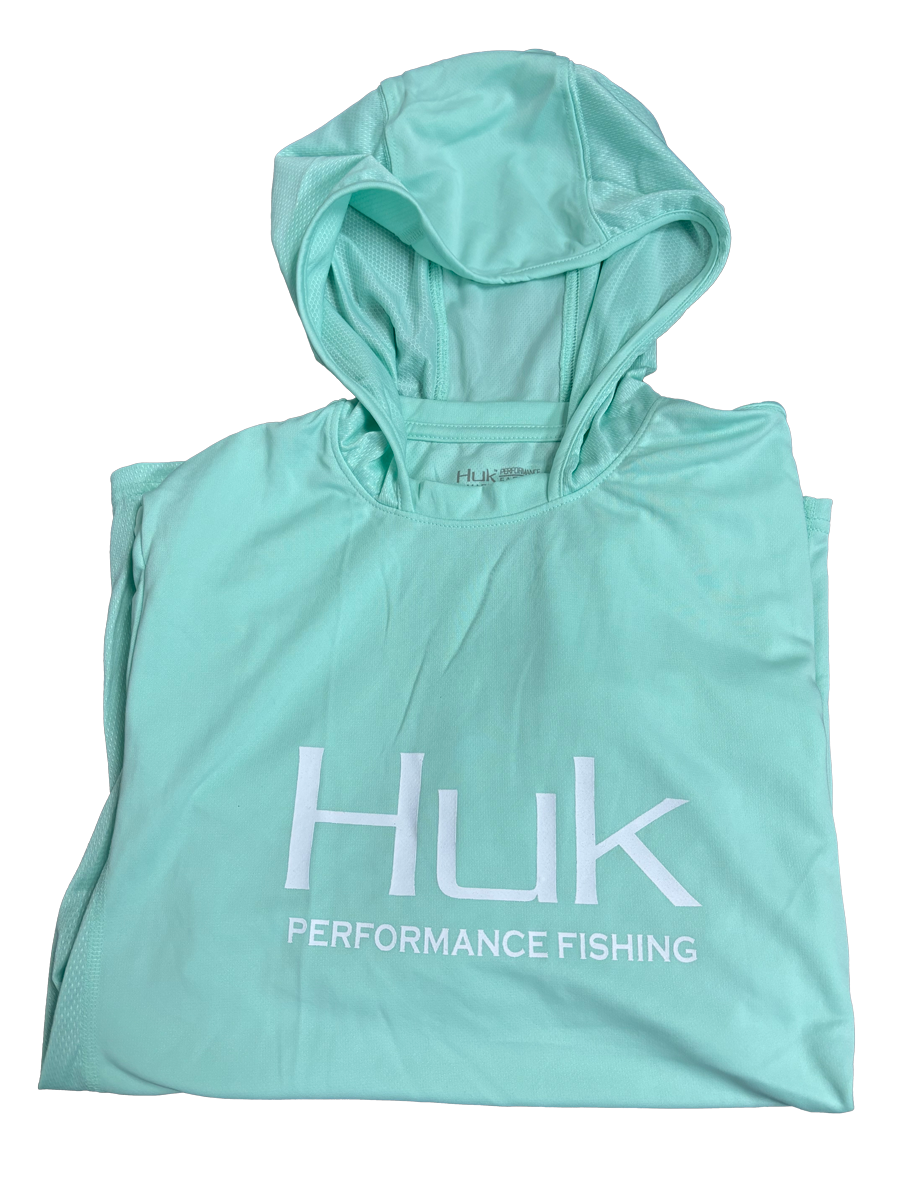 Huk Performance Fishing Hooded Aquamarine Long Sleeve #144273 Sun Shirt Mens