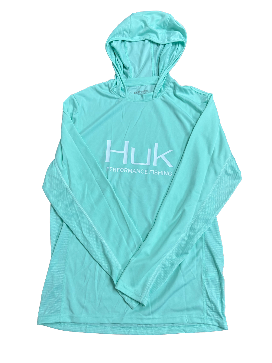 Huk Performance Fishing Hooded Aquamarine Long Sleeve #144273 Sun Shirt Mens