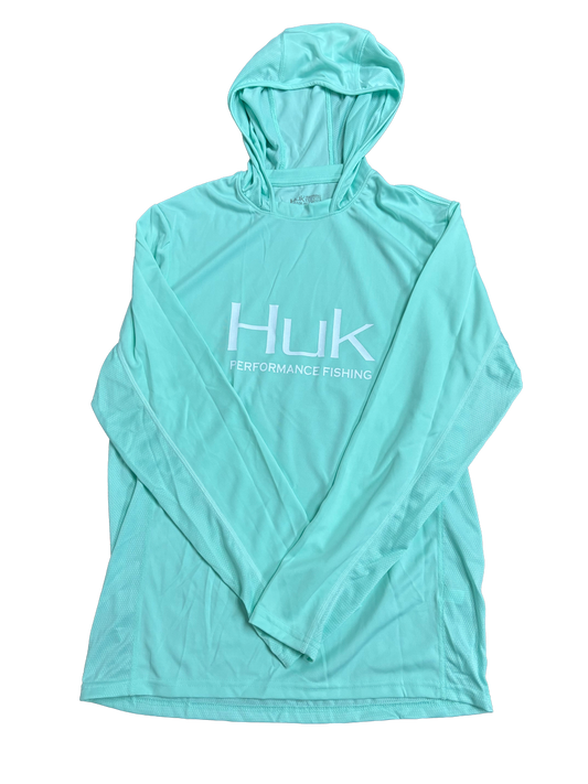 Huk Performance Fishing Hooded Aquamarine Long Sleeve #144273 Sun Shirt Mens