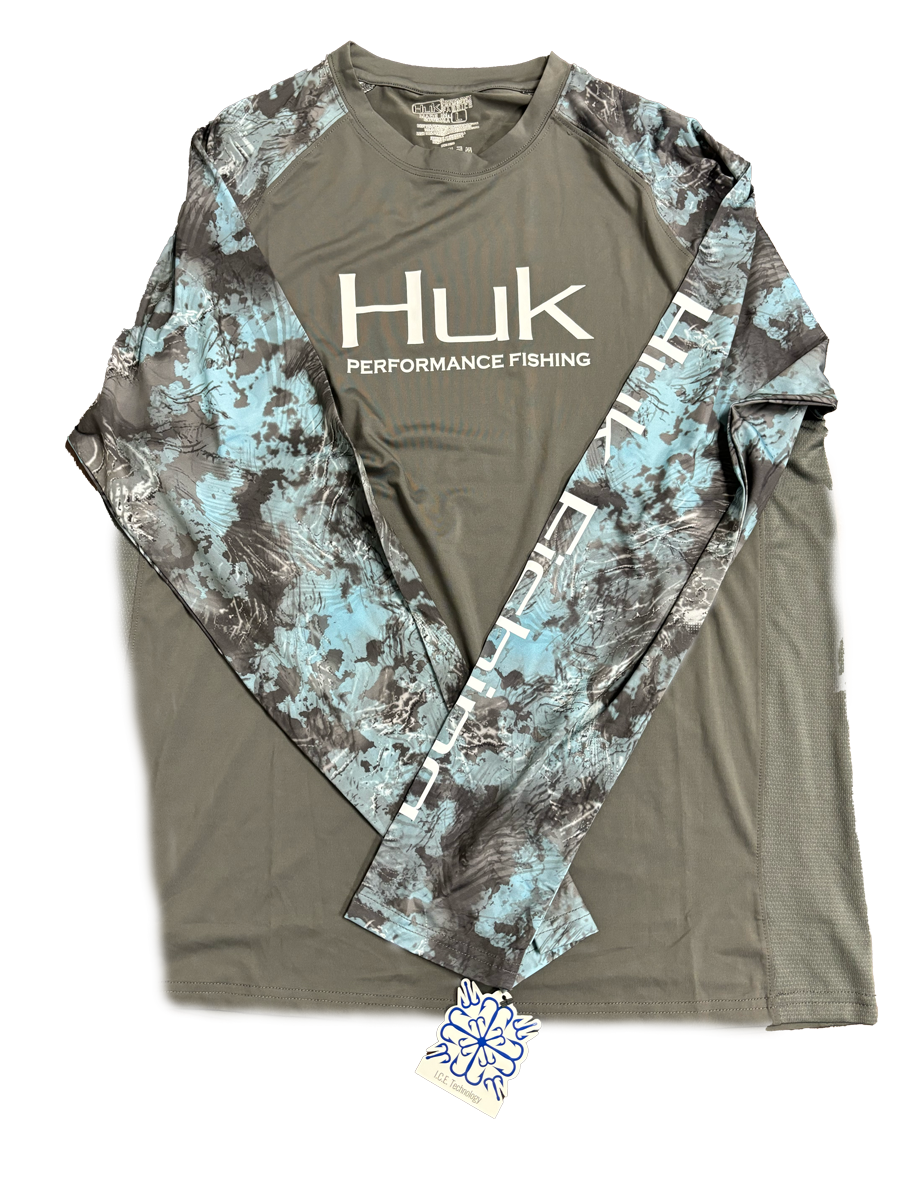 Huk Performance Fishing Gray and Cobalt Long Sleeve #144273 Sun Shirt Mens