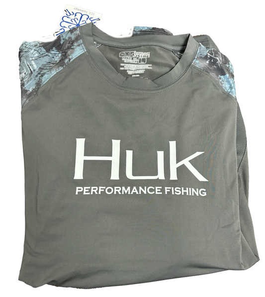 Huk Performance Fishing Gray and Cobalt Long Sleeve #144273 Sun Shirt Mens