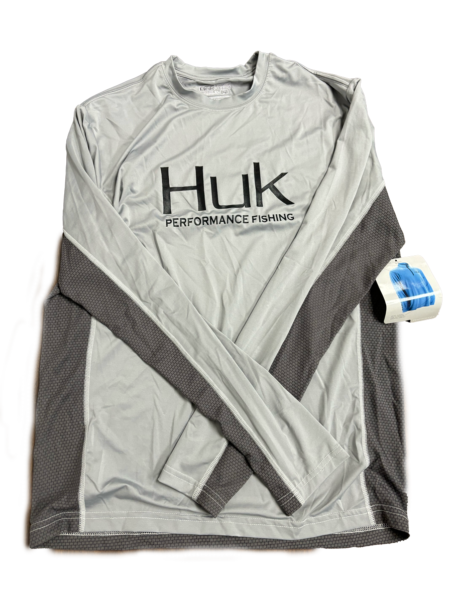 Huk Performance Fishing con capucha de manga larga gris y marrón #144273 Sun Shirt para hombre