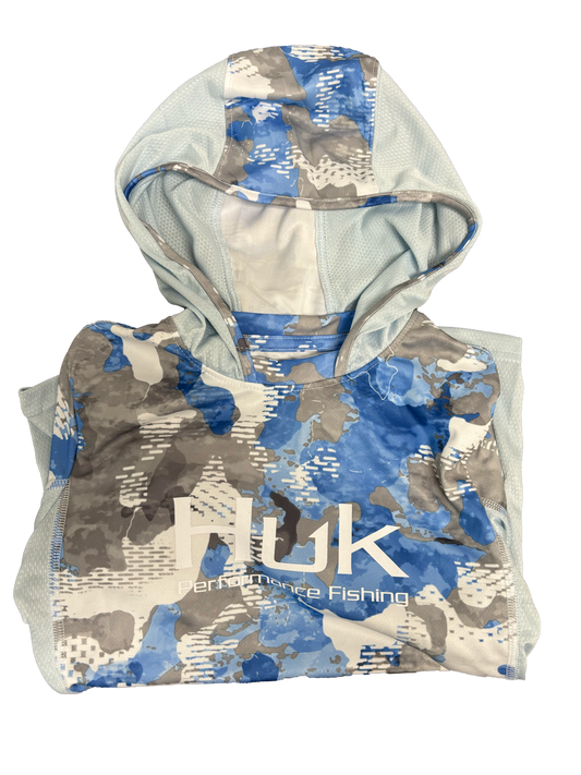 Huk Performance Fishing Camo Hooded Long Sleeve Wht Blu & Gray #144273 Sun Shirt