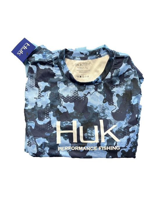 Huk Performance Fishing Camo Long Sleeve Blue Black #144273 Sun Shirt Mens