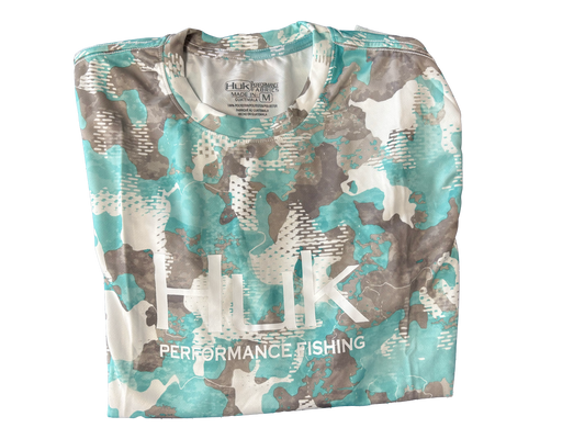 Huk Performance Fishing Camo manga larga verde azulado blanco #144273 camisa de sol para hombre