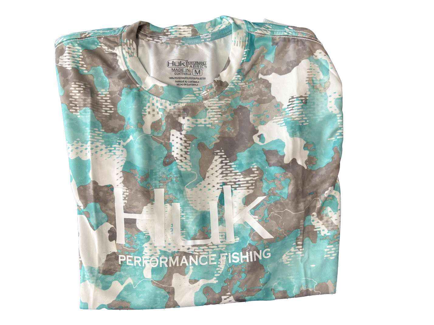 Huk Performance Fishing Camo manga larga verde azulado blanco #144273 camisa de sol para hombre