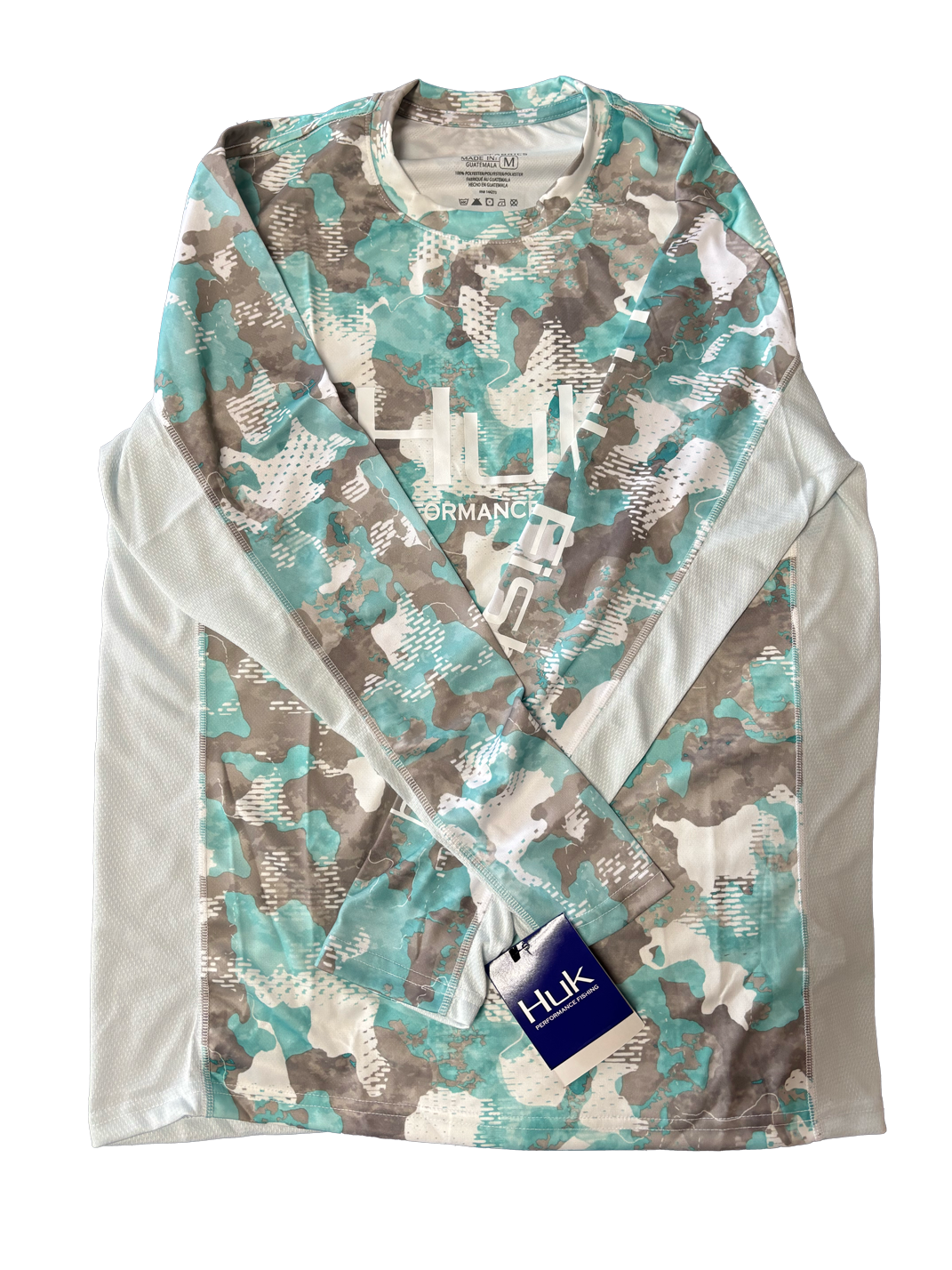 Huk Performance Fishing Camo manga larga verde azulado blanco #144273 camisa de sol para hombre